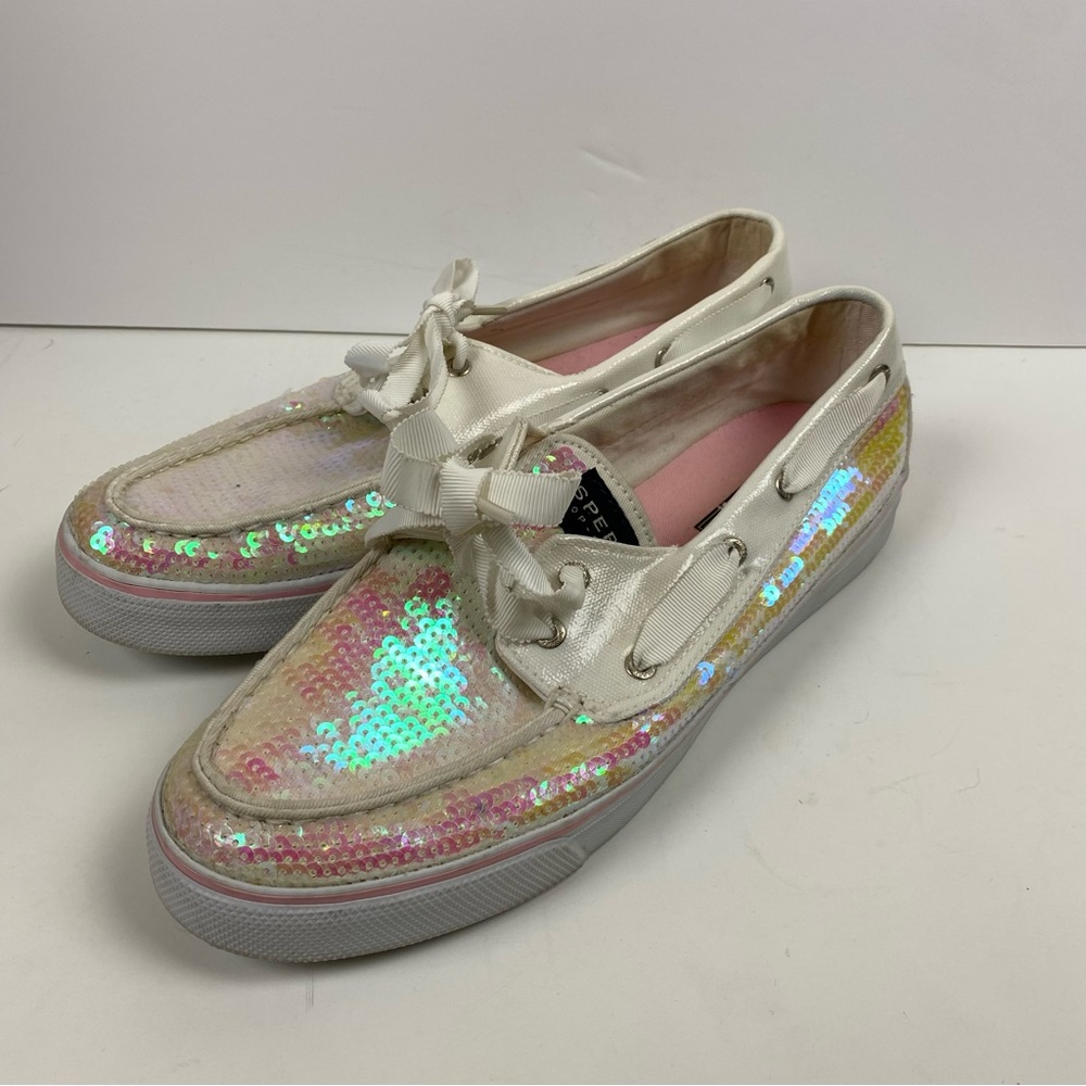 Sperry Topsider White Pink Iridescent Sequin Loafers Boat Shoes Women 10